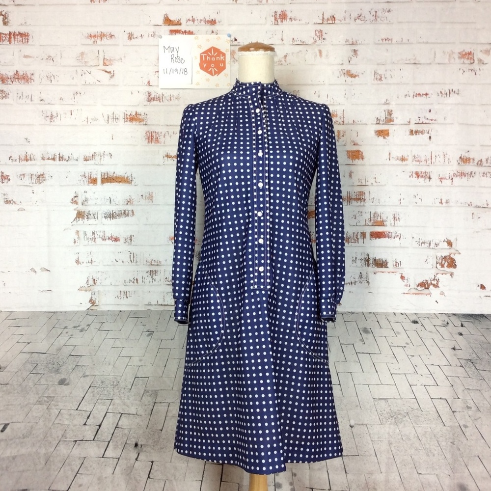 Leslie Fay Knits White Polka Dot & Blue Dress